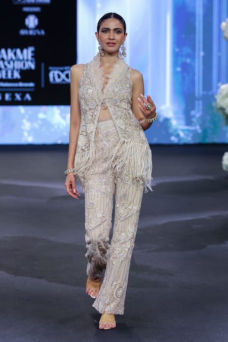 Awigna_Ivory Net, Polyester Crystals, Ukraine Fiore Embroidered Peplum Jacket With Pant _Online_at_Aza_Fashions