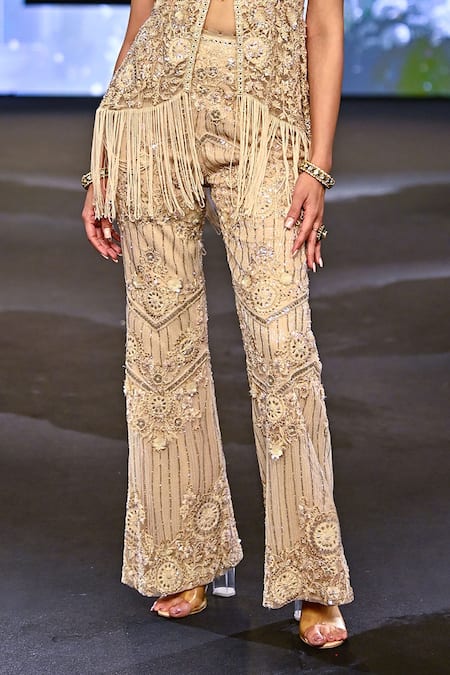 Awigna_Ivory Net, Polyester Crystals, Ukraine Fiore Embroidered Peplum Jacket With Pant _at_Aza_Fashions