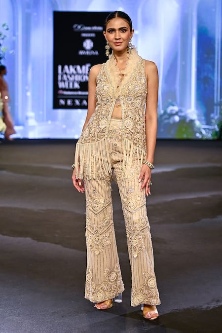 Buy_Awigna_Ivory Net, Polyester Crystals, Ukraine Fiore Embroidered Peplum Jacket With Pant 