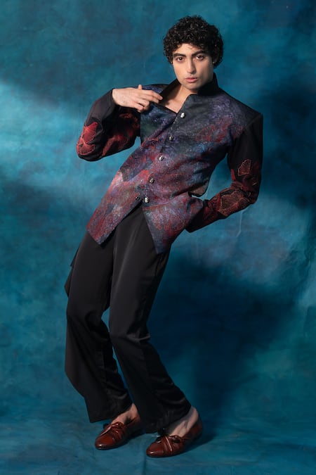 Shop_Jatin Malik_Black Cotton Embroidery The Garden Bandhgala With Trouser _at_Aza_Fashions