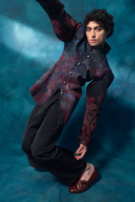 Jatin Malik_Black Cotton Embroidery The Garden Bandhgala With Trouser _Online_at_Aza_Fashions