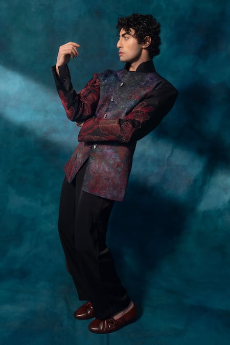 Buy_Jatin Malik_Black Cotton Embroidery The Garden Bandhgala With Trouser _Online_at_Aza_Fashions