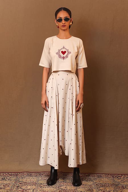 Buy MATI_1 Off White Cotton Embroidery Round Neck Heart Crop Top With Harem Pant Online at Aza Fashions Buy_MATI_1_Off White Cotton Embroidery Round Neck Heart Crop Top With Harem Pant _Online_at_Aza_Fashions