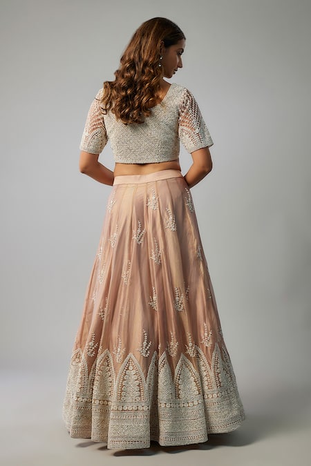 Shop_FATIZ_Pink Tissue, Organza, Tulle Sequins, Beads Round Floral Embroidered Lehenga Set _at_Aza_Fashions