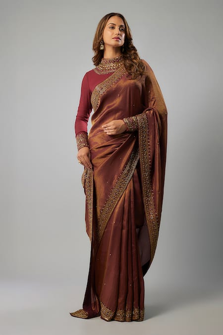 FATIZ Maroon Georgette Hand Embroidered Sequin Glass Beads Saree With Blouse 