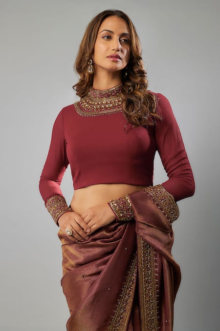 Buy FATIZ Maroon Georgette, Tissue Beads, Sequins, Embroidery Hand Saree With Blouse Online at Aza Fashions Buy_FATIZ_Maroon Georgette, Tissue Beads, Sequins, Embroidery Hand Saree With Blouse _Online_at_Aza_Fashions