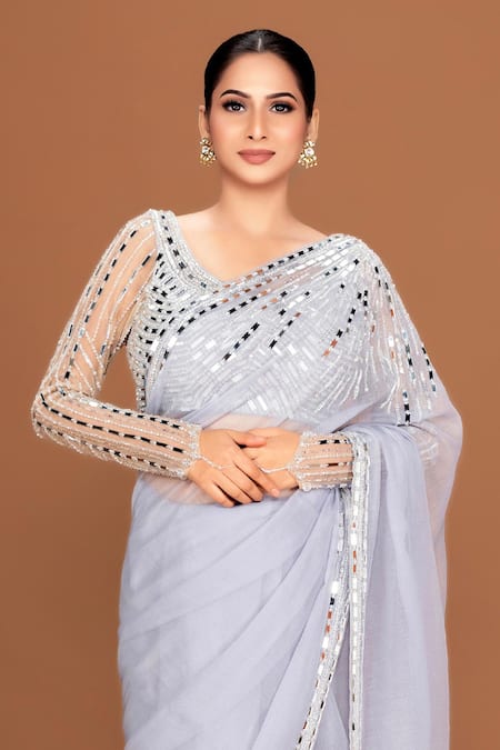 Buy_Neeta Lulla_Grey Organza, Tulle Mirrors, Kashvi Border Embroidered Saree With Blouse_Online_at_Aza_Fashions