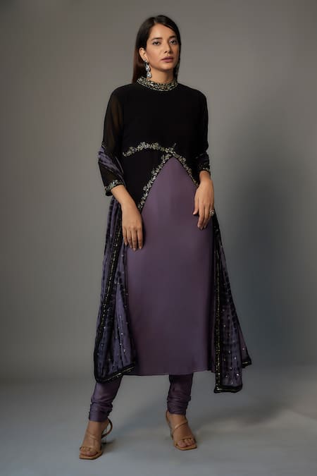 FATIZ Black Georgette Hand Embroidered Beads Floral Panelled Kurta Churidar Set 