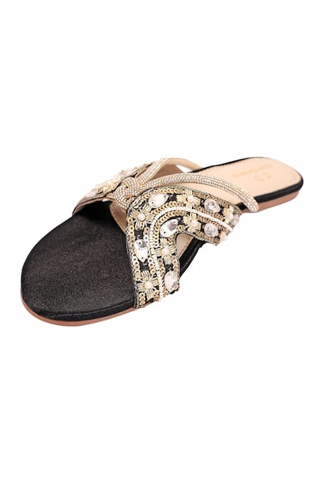 Colaba Causeway_Black Crystal Embellished Flats_Online_at_Aza_Fashions