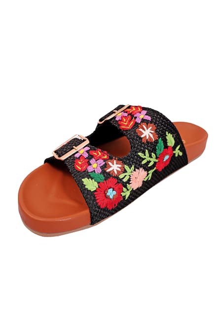 Colaba Causeway Black Resham Floral Bloom Embroidered Flats 