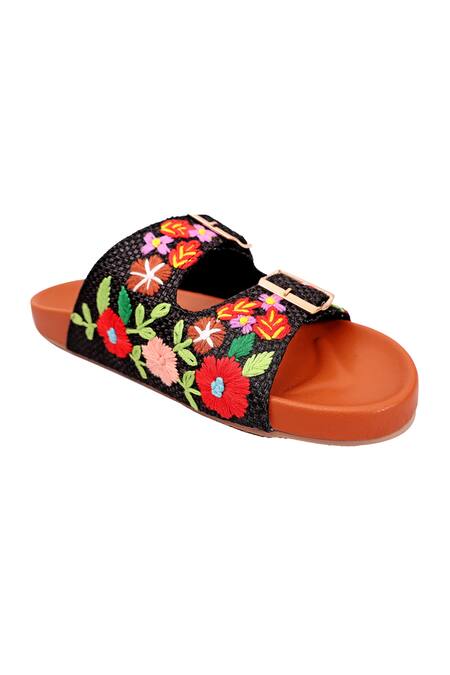 Colaba Causeway_Black Floral Bloom Embroidered Flats_Online_at_Aza_Fashions