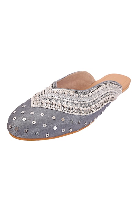 Colaba Causeway_Grey Glittery Bead Embellished Mules_Online_at_Aza_Fashions