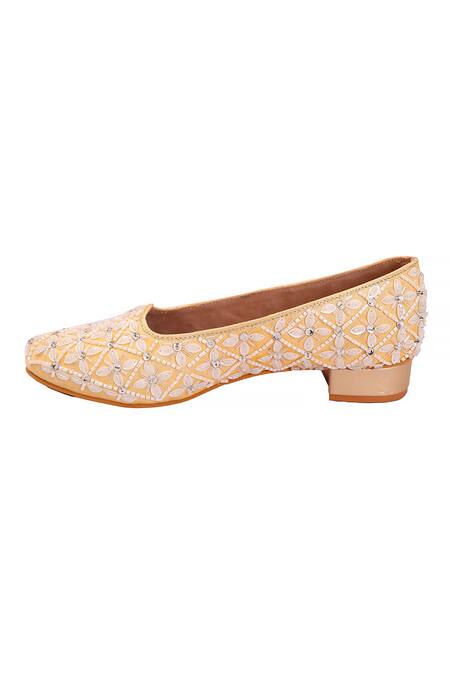 Colaba Causeway_Yellow Sequins, Cut Work, Stones Applique Embroidered Mules_Online_at_Aza_Fashions