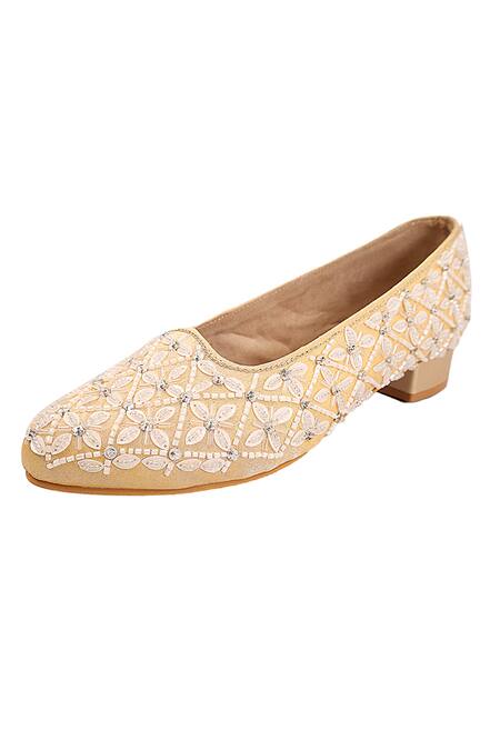 Shop_Colaba Causeway_Yellow Sequins, Cut Work, Stones Applique Embroidered Mules_Online_at_Aza_Fashions