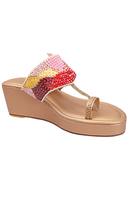 Colaba Causeway Multi Color Bead Shades Of Rose Strap Embellished Wedges 