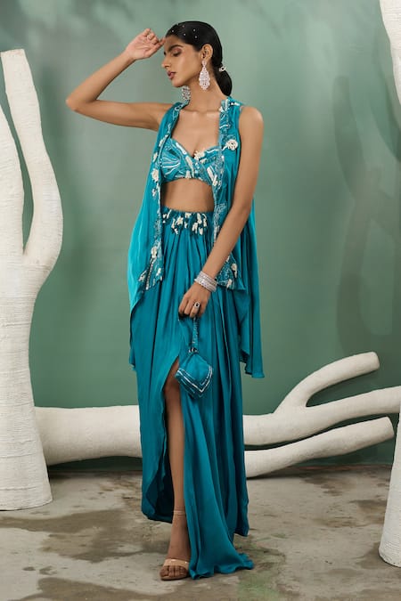 One Knot One By Ashna Blue Crepe Beads, Sequins, Cut Work Placket Embroidered Cape Skirt Set Online at Aza Fashions One Knot One By Ashna_Blue Crepe Beads, Sequins, Cut Work Placket Embroidered Cape Skirt Set _Online_at_Aza_Fashions