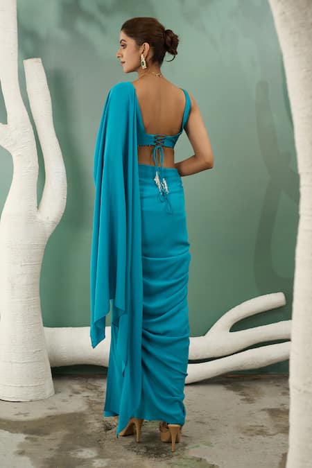 One Knot One By Ashna Blue Silk Satin, Georgette Sequins, Waistband Pre-draped Saree With Blouse Online at Aza Fashions One Knot One By Ashna_Blue Silk Satin, Georgette Sequins, Waistband Pre-draped Saree With Blouse _Online_at_Aza_Fashions