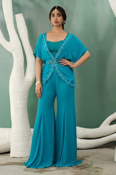 One Knot One By Ashna Blue Georgette Embroidery Cutdana Open Tunic And Flared Pant Set 