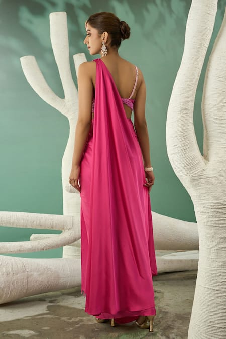 One Knot One By Ashna Pink Satin, Lycra, Crepe Sequins, Pre-draped Saree With Ombre Embroidered Blouse Online at Aza Fashions One Knot One By Ashna_Pink Satin, Lycra, Crepe Sequins, Pre-draped Saree With Ombre Embroidered Blouse _Online_at_Aza_Fashions