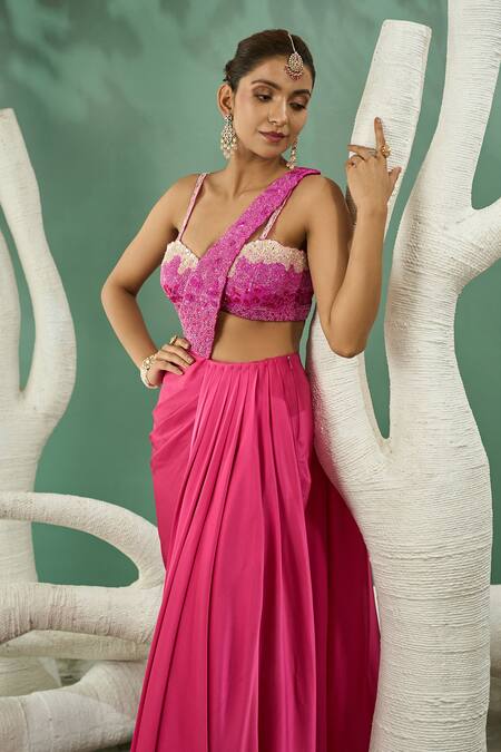 Shop One Knot One By Ashna Pink Satin, Lycra, Crepe Sequins, Pre-draped Saree With Ombre Embroidered Blouse Online at Aza Fashions Shop_One Knot One By Ashna_Pink Satin, Lycra, Crepe Sequins, Pre-draped Saree With Ombre Embroidered Blouse _Online_at_Aza_Fashions