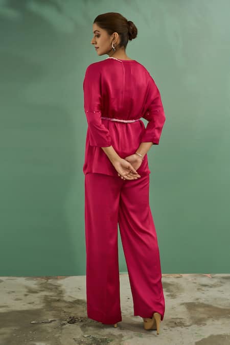 Shop One Knot One By Ashna Pink Crepe Sequins, Beads V-neck Neckline Embroidered Top And Pant Set at Aza Fashions Shop_One Knot One By Ashna_Pink Crepe Sequins, Beads V-neck Neckline Embroidered Top And Pant Set _at_Aza_Fashions