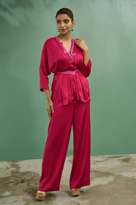 Buy One Knot One By Ashna Pink Crepe Sequins, Beads V-neck Neckline Embroidered Top And Pant Set Online at Aza Fashions Buy_One Knot One By Ashna_Pink Crepe Sequins, Beads V-neck Neckline Embroidered Top And Pant Set _Online_at_Aza_Fashions