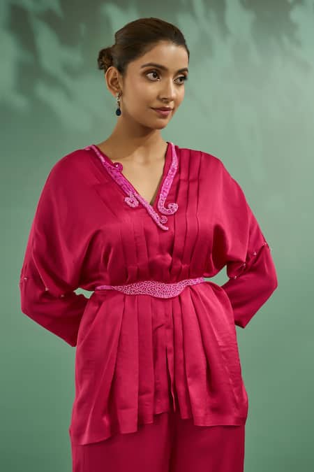 Shop One Knot One By Ashna Pink Crepe Sequins, Beads V-neck Neckline Embroidered Top And Pant Set Online at Aza Fashions Shop_One Knot One By Ashna_Pink Crepe Sequins, Beads V-neck Neckline Embroidered Top And Pant Set _Online_at_Aza_Fashions