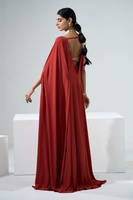 One Knot One By Ashna Orange Georgette, Viscose Waistband Embroidered Draped Kaftan With Bustier Online at Aza Fashions One Knot One By Ashna_Orange Georgette, Viscose Waistband Embroidered Draped Kaftan With Bustier _Online_at_Aza_Fashions