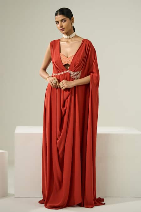 Buy One Knot One By Ashna Orange Georgette, Viscose Waistband Embroidered Draped Kaftan With Bustier Online at Aza Fashions Buy_One Knot One By Ashna_Orange Georgette, Viscose Waistband Embroidered Draped Kaftan With Bustier _Online_at_Aza_Fashions
