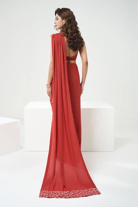 One Knot One By Ashna Orange Georgette, Silk Satin Abstract Embroidered Pre-draped Saree With Blouse Online at Aza Fashions One Knot One By Ashna_Orange Georgette, Silk Satin Abstract Embroidered Pre-draped Saree With Blouse _Online_at_Aza_Fashions