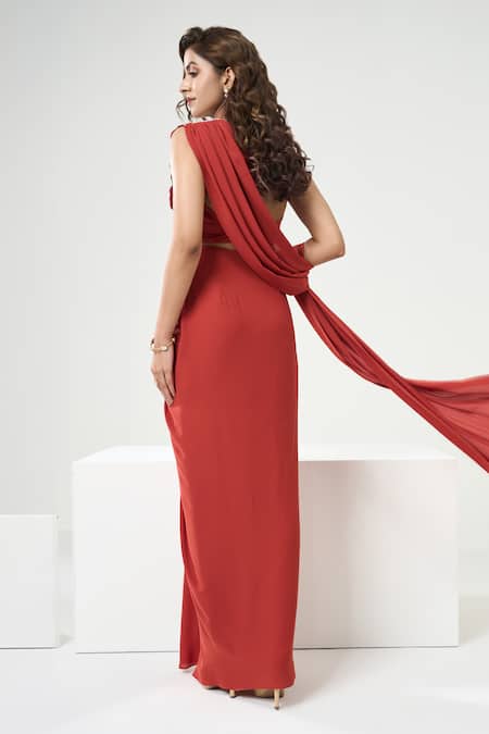 Buy One Knot One By Ashna Orange Georgette, Silk Satin Abstract Embroidered Pre-draped Saree With Blouse Online at Aza Fashions Buy_One Knot One By Ashna_Orange Georgette, Silk Satin Abstract Embroidered Pre-draped Saree With Blouse _Online_at_Aza_Fashions