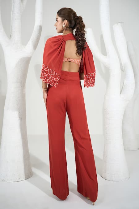 One Knot One By Ashna Cutwork Border Embroidered Cape Pant Set 