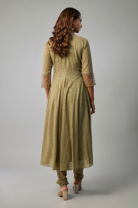 Shop_FATIZ_Green Georgette, Lycra Sequins, Beads High Embroidered Anarkali Churidar Set _at_Aza_Fashions