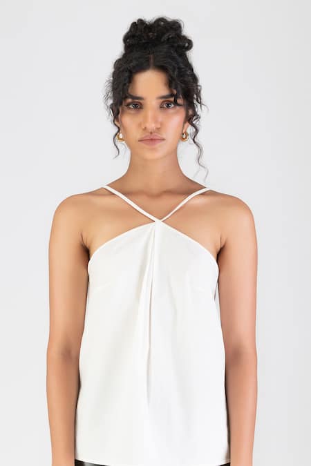Buy_Amit Aggarwal_White Poplin Embroidery Halter Neck Cord Top _Online_at_Aza_Fashions