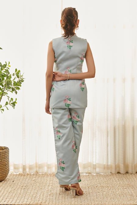 Shop Pasha India Blue Satin Embroidery Floral Polka Dot Blazer And Pant Set at Aza Fashions Shop_Pasha India_Blue Satin Embroidery Floral Polka Dot Blazer And Pant Set _at_Aza_Fashions