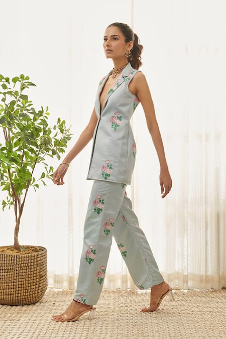 Pasha India Blue Satin Embroidery Floral Polka Dot Blazer And Pant Set Online at Aza Fashions Pasha India_Blue Satin Embroidery Floral Polka Dot Blazer And Pant Set _Online_at_Aza_Fashions