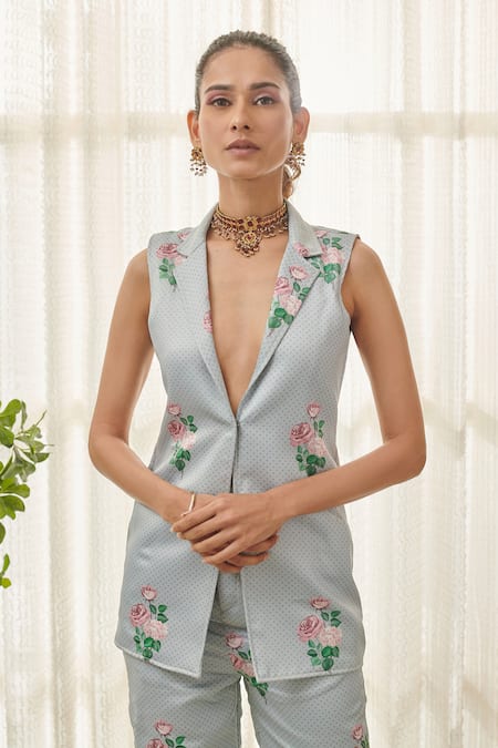 Buy Pasha India Blue Satin Embroidery Floral Polka Dot Blazer And Pant Set Online at Aza Fashions Buy_Pasha India_Blue Satin Embroidery Floral Polka Dot Blazer And Pant Set _Online_at_Aza_Fashions