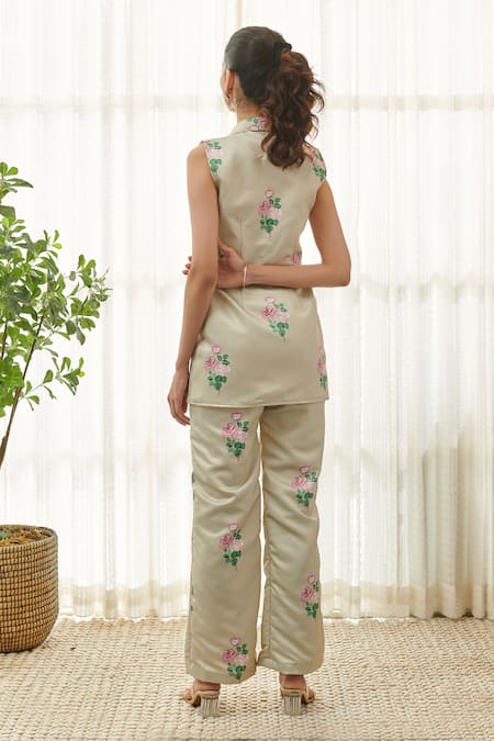 Shop Pasha India Green Satin Embroidery Floral And Polka Dot Print Blazer With Pant at Aza Fashions Shop_Pasha India_Green Satin Embroidery Floral And Polka Dot Print Blazer With Pant _at_Aza_Fashions