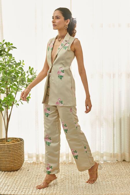 Pasha India Green Satin Embroidery Floral And Polka Dot Print Blazer With Pant Online at Aza Fashions Pasha India_Green Satin Embroidery Floral And Polka Dot Print Blazer With Pant _Online_at_Aza_Fashions