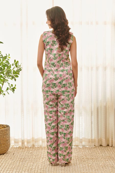 Shop Pasha India Brown Satin Embroidery Rose Print Blazer With Pant at Aza Fashions Shop_Pasha India_Brown Satin Embroidery Rose Print Blazer With Pant _at_Aza_Fashions