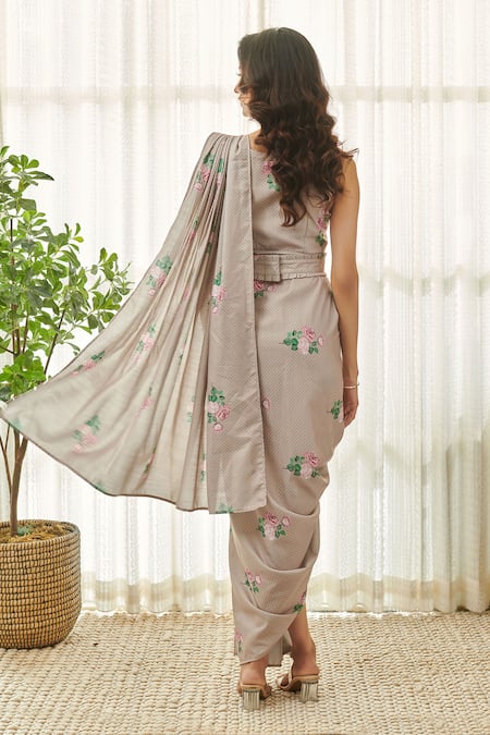 Pasha India Polka Dot Floral Printed Saree Dress 