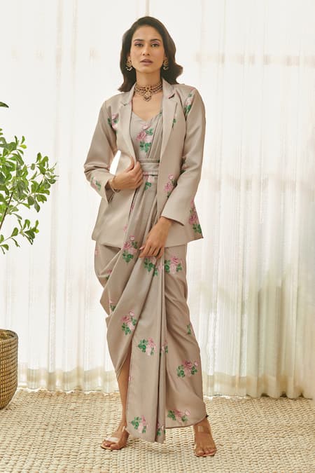 Pasha India Brown Dull Satin Printed Floral Notched Lapel Saree Dress And Blazer Set 