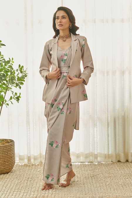 Pasha India_Brown Satin, Rayon Embroidery Floral Printed Saree Dress And Blazer Set _Online_at_Aza_Fashions