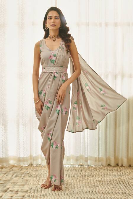 Buy_Pasha India_Brown Satin, Rayon Embroidery Floral Printed Saree Dress And Blazer Set _Online_at_Aza_Fashions