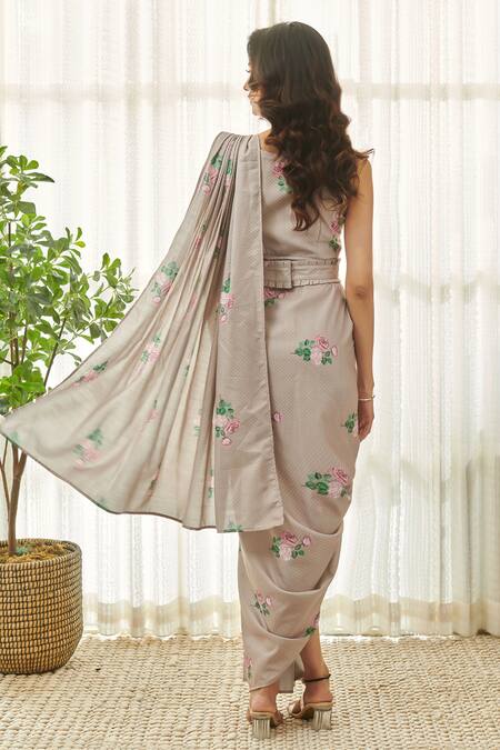 Shop_Pasha India_Brown Satin, Rayon Embroidery Floral Printed Saree Dress And Blazer Set _Online_at_Aza_Fashions