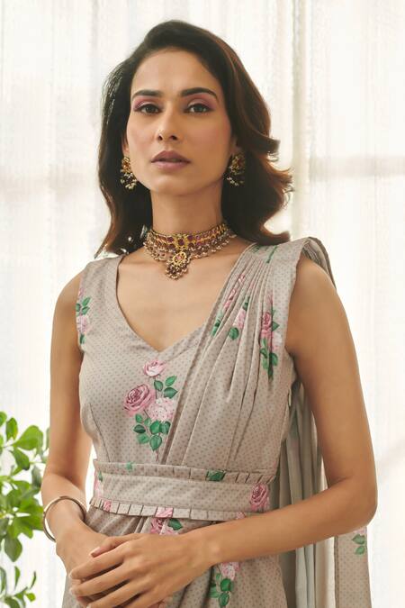 Pasha India_Brown Satin, Rayon Embroidery Floral Printed Saree Dress And Blazer Set _at_Aza_Fashions