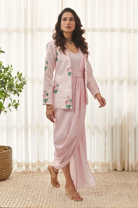Pasha India Pink Rayon, Satin Embroidery Collared Polka Dot Printed Saree Dress With Blazer Online at Aza Fashions Pasha India_Pink Rayon, Satin Embroidery Collared Polka Dot Printed Saree Dress With Blazer _Online_at_Aza_Fashions