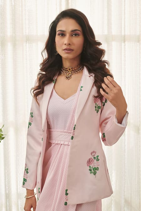 Buy Pasha India Pink Rayon, Satin Embroidery Collared Polka Dot Printed Saree Dress With Blazer Online at Aza Fashions Buy_Pasha India_Pink Rayon, Satin Embroidery Collared Polka Dot Printed Saree Dress With Blazer _Online_at_Aza_Fashions