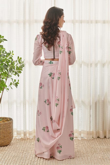 Shop Pasha India Pink Muslin Embroidery Round Neck Floral Print Pre-draped Saree With Blouse at Aza Fashions Shop_Pasha India_Pink Muslin Embroidery Round Neck Floral Print Pre-draped Saree With Blouse _at_Aza_Fashions