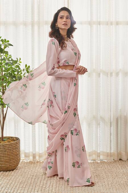 Pasha India Pink Muslin Embroidery Round Neck Floral Print Pre-draped Saree With Blouse Online at Aza Fashions Pasha India_Pink Muslin Embroidery Round Neck Floral Print Pre-draped Saree With Blouse _Online_at_Aza_Fashions